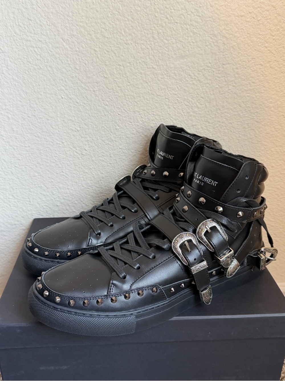 Used- Good condition Saint Laurent 2014 SL08H Studded Buckle Strap.